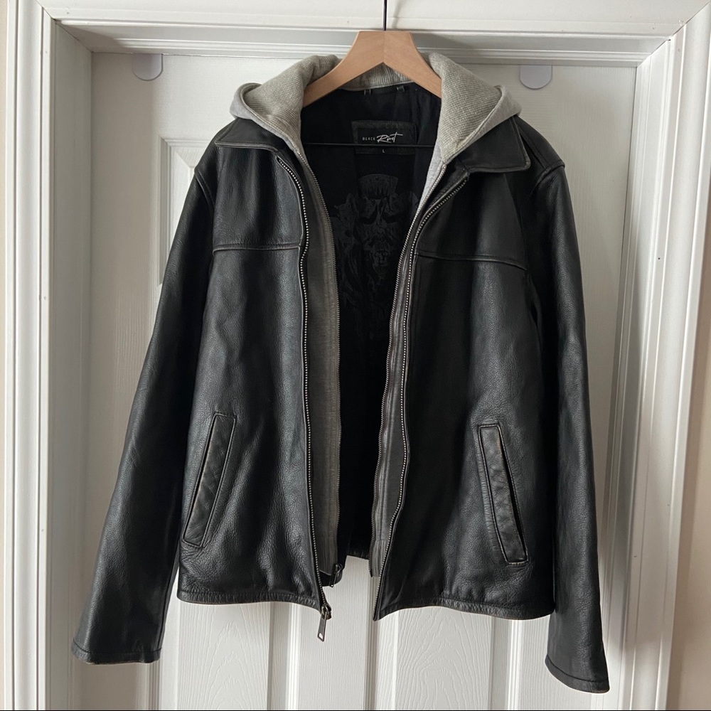 Black Rivet Men’s Hooded Leather Jacket Zip Up